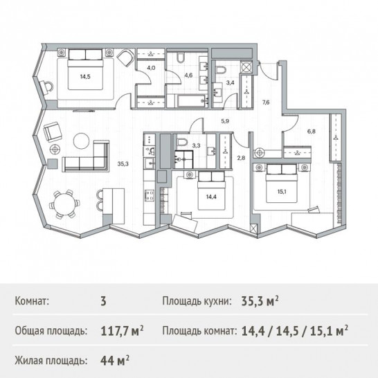 Трёхкомнатная квартира 117.7 м²