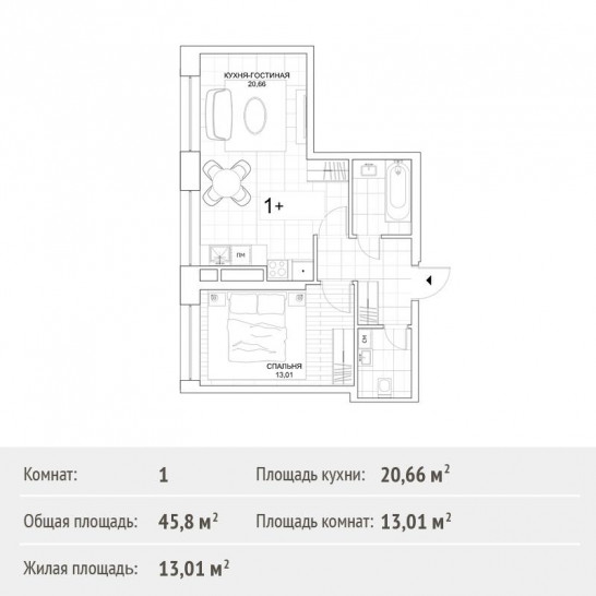Однокомнатная квартира 45.8 м²