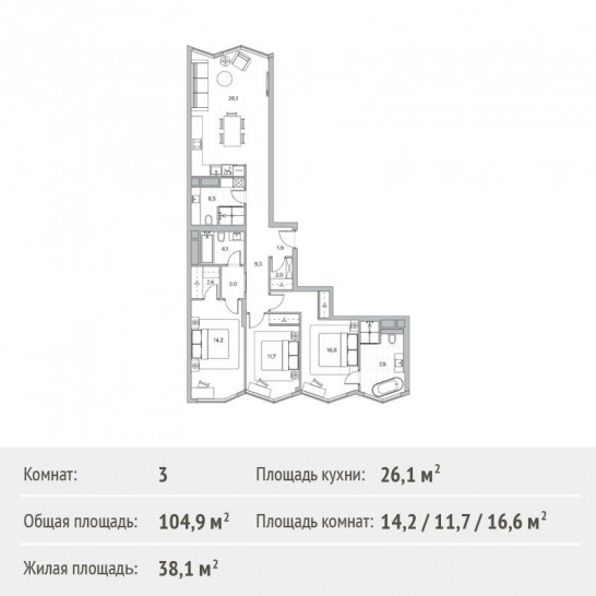 Трёхкомнатная квартира 104.9 м²