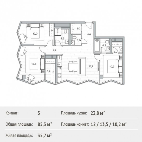 Трёхкомнатная квартира 85.3 м²