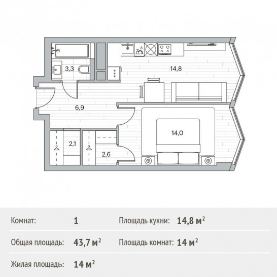Однокомнатная квартира 43.7 м²