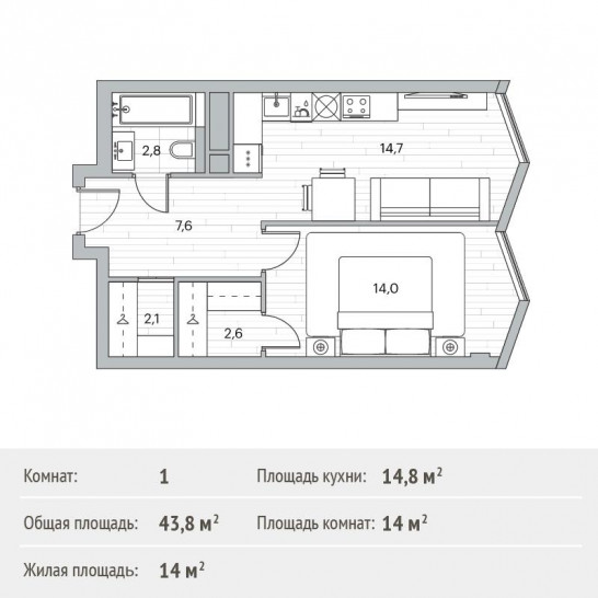 Однокомнатная квартира 43.8 м²