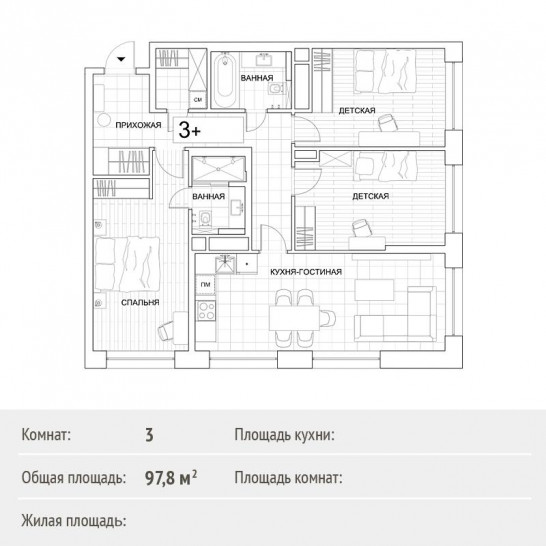 Трёхкомнатная квартира 97.8 м²