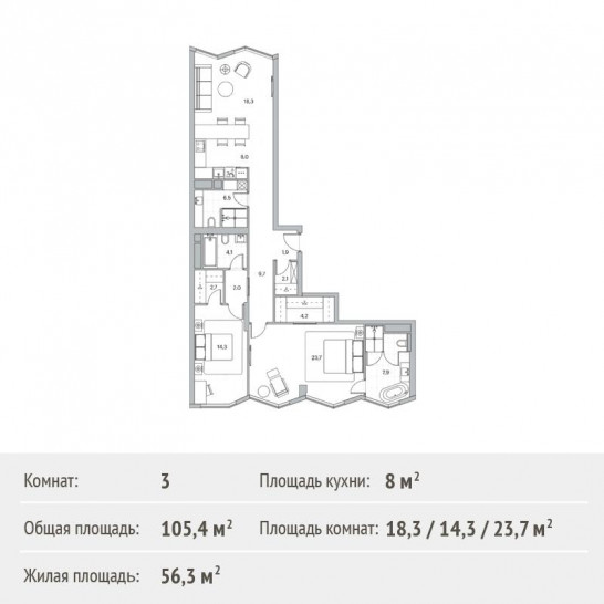 Трёхкомнатная квартира 105.4 м²