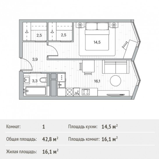 Однокомнатная квартира 42.8 м²
