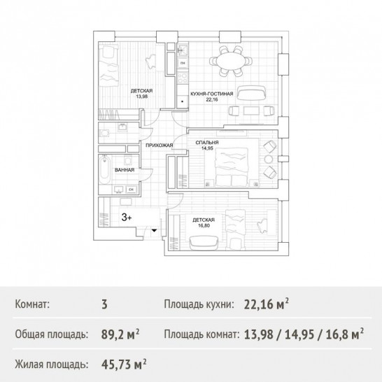 Трёхкомнатная квартира 89.2 м²
