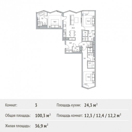 Трёхкомнатная квартира 100.3 м²