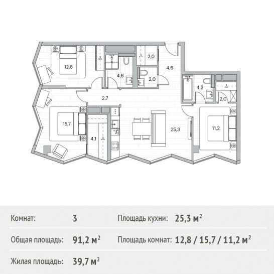 Трёхкомнатная квартира 91.2 м²