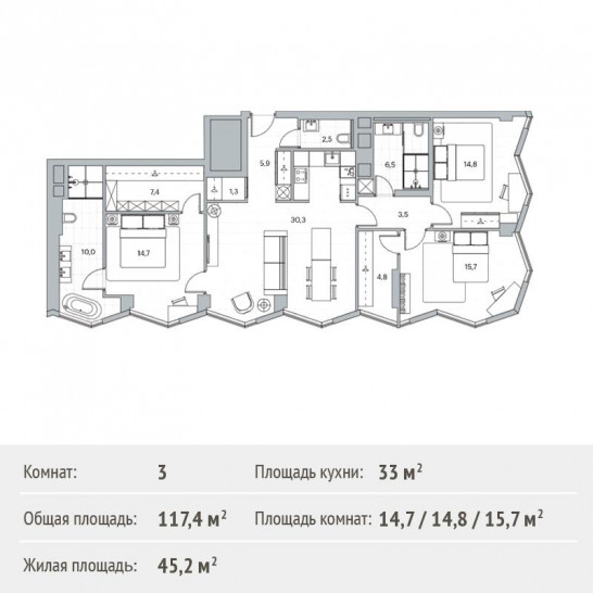 Трёхкомнатная квартира 117.4 м²