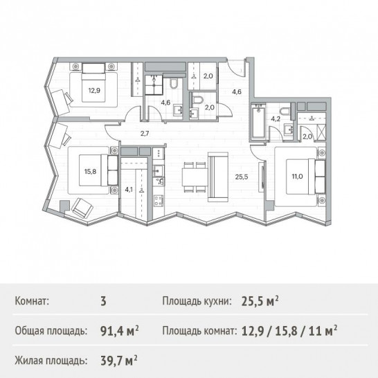 Трёхкомнатная квартира 91.4 м²