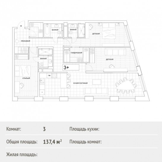 Трёхкомнатная квартира 137.4 м²
