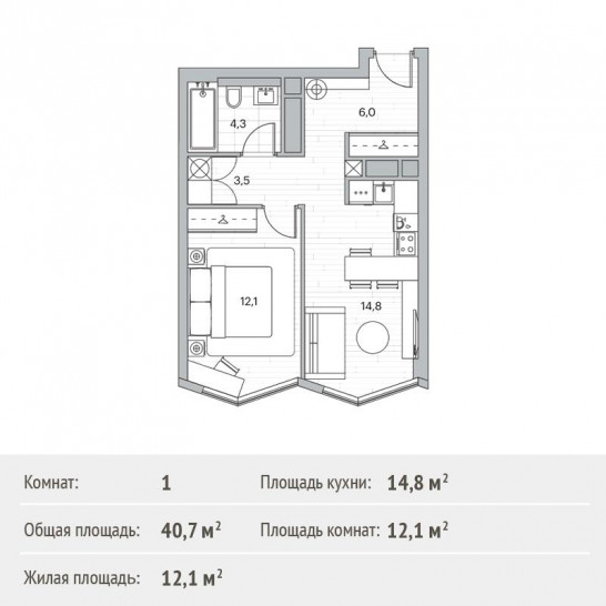 Однокомнатная квартира 40.7 м²