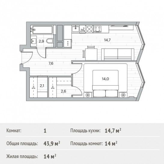 Однокомнатная квартира 43.9 м²