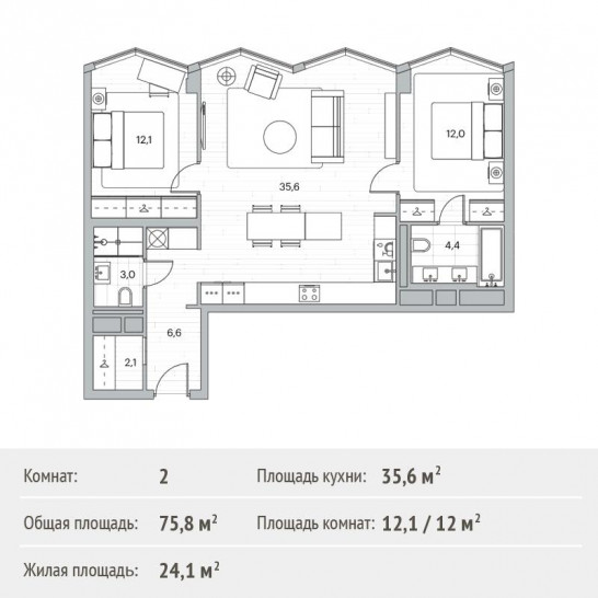 Двухкомнатная квартира 75.8 м²