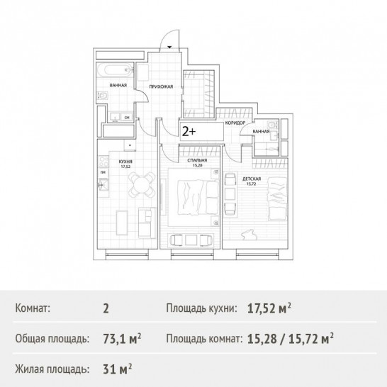 Двухкомнатная квартира 73.1 м²