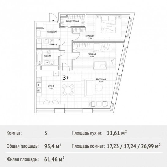 Трёхкомнатная квартира 95.4 м²