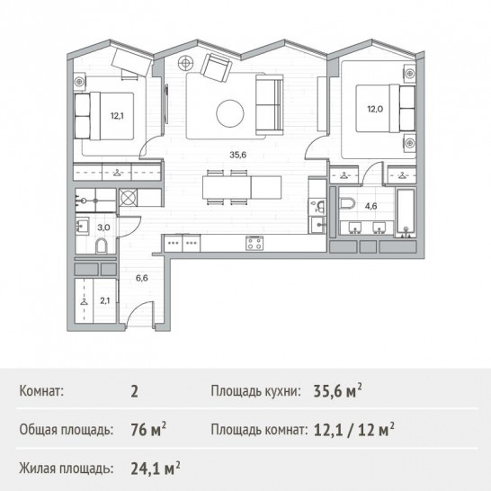 Двухкомнатная квартира 76 м²