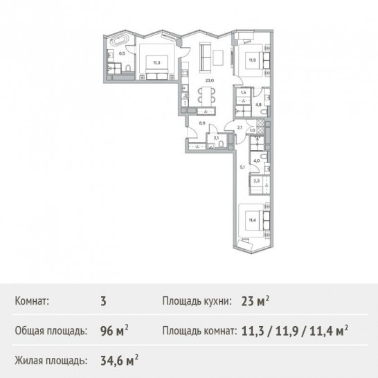 Трёхкомнатная квартира 96 м²