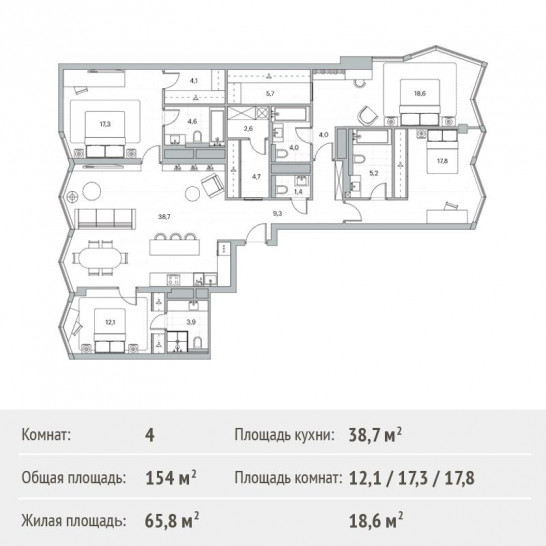 Четырёхкомнатная квартира 154 м²