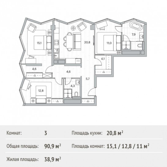 Трёхкомнатная квартира 90.9 м²