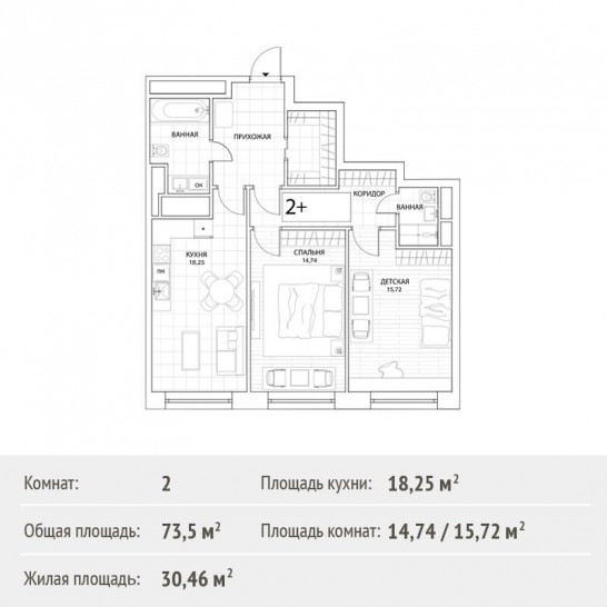 Двухкомнатная квартира 73.5 м²