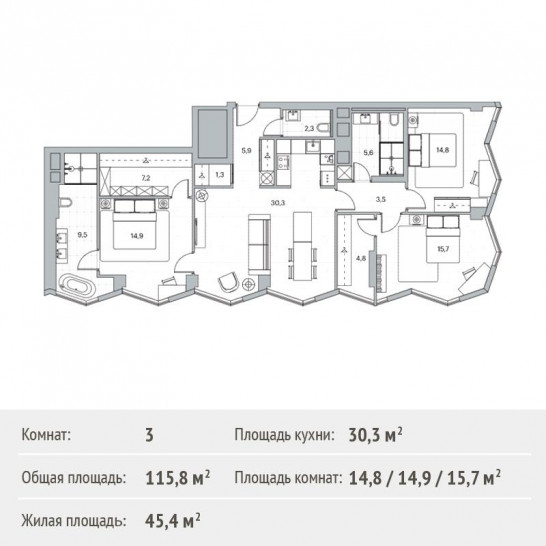 Трёхкомнатная квартира 115.8 м²