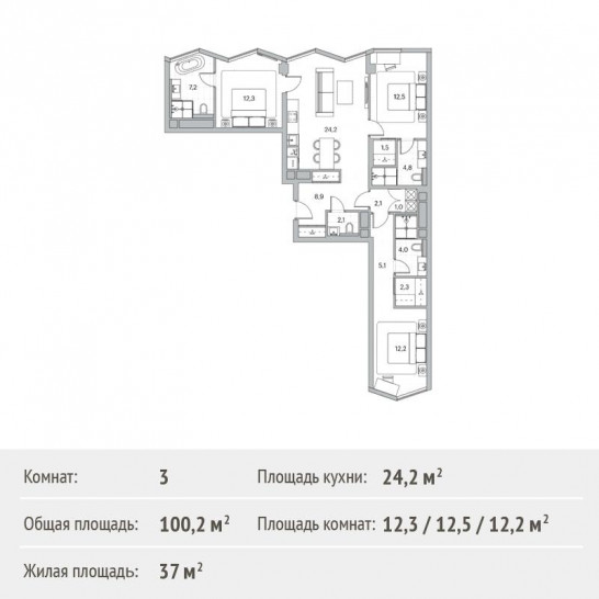 Трёхкомнатная квартира 100.2 м²
