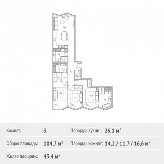 Трёхкомнатная квартира 104.7 м²