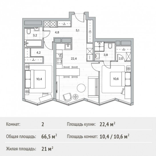 Двухкомнатная квартира 66.5 м²