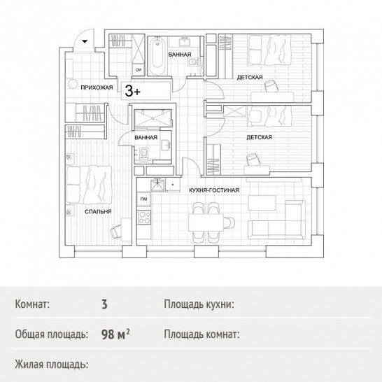 Трёхкомнатная квартира 98 м²