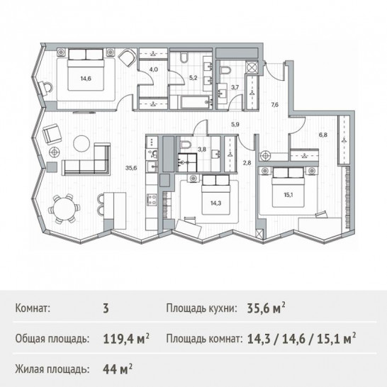 Трёхкомнатная квартира 119.4 м²