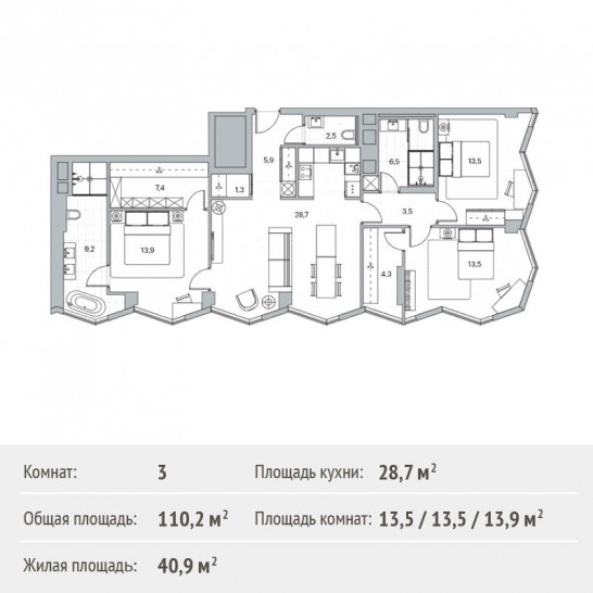 Трёхкомнатная квартира 110.2 м²