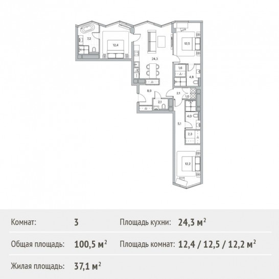 Трёхкомнатная квартира 100.5 м²