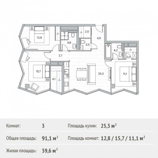 Трёхкомнатная квартира 91.1 м²